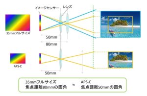 イメージセンサーの違いによる画角が変わる理由と35mm換算の意味を示したイメージ図