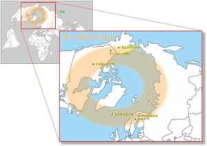 北極圏のオーロラオーバルと主要な観光地